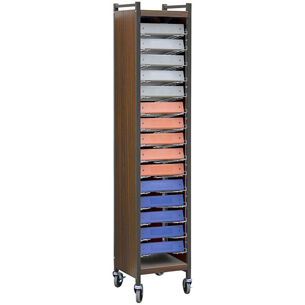 An Omnimed woodgrain medical cart with shelves for flat storage.