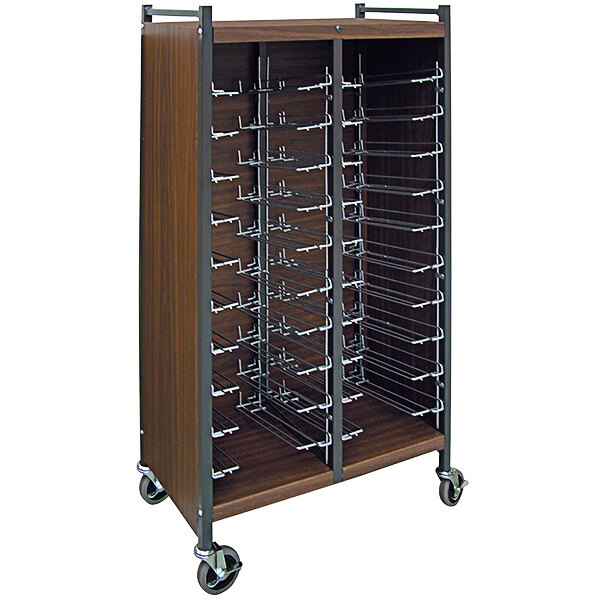 An Omnimed woodgrain medical cart with metal shelves.