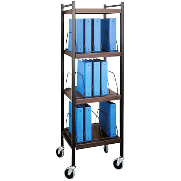 An Omnicart woodgrain cart with blue binders on the shelves.