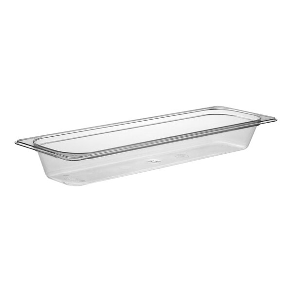 A clear plastic Cambro food pan with a lid.