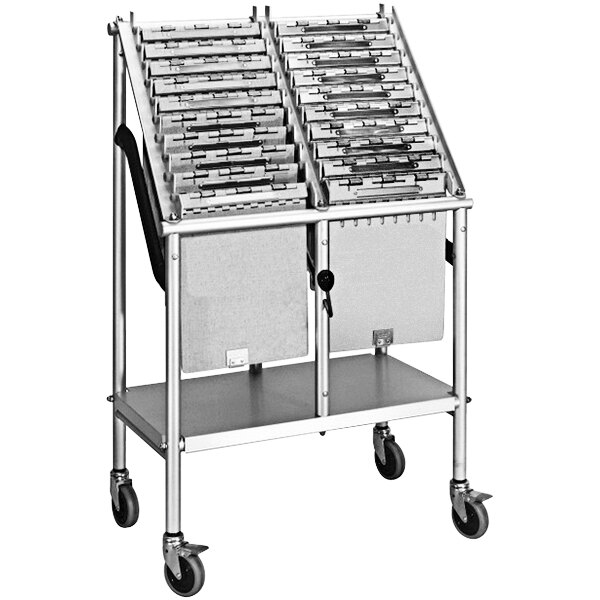 An Omnimed metal 2-tier wheeled chart carrier with folders.