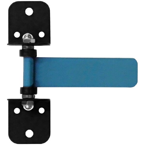 A blue and black metal Omnimed Exam Room Status flag hinge with black metal plates.