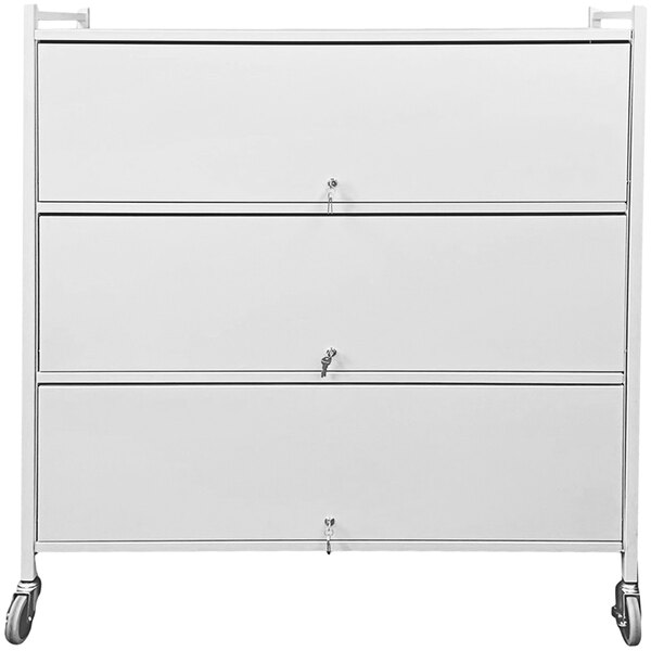 A light gray Omnimed horizontal drawer cart with locking doors and wheels.