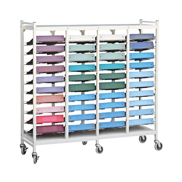 An Omnimed beige medical cart with colorful folders on the shelves.