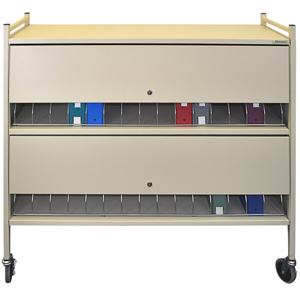 An Omnicart beige cart with locking doors and shelves for binders.