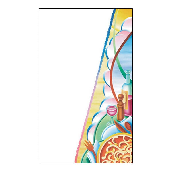 A rectangular sheet of paper with a colorful, stylized illustration of a pasta dish, wine glass, bottles, and utensils along the lower right edge, leaving most of the page blank for menu content.