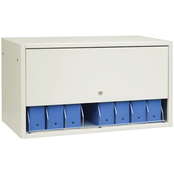 A white cabinet with beige cubbie panels.