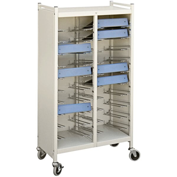 A beige Omnimed cart with blue drawers.