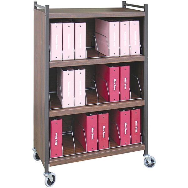 An Omnimed woodgrain vertical medical cart with red binders inside.