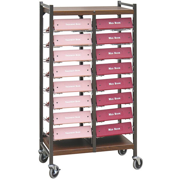 An Omnimed woodgrain medical cart with several different colored labels on it.