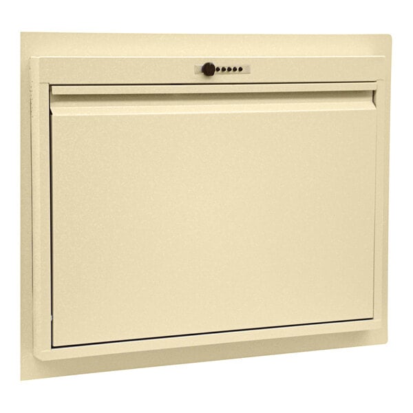 A beige metal recessed informatics workstation with a keypad lock.