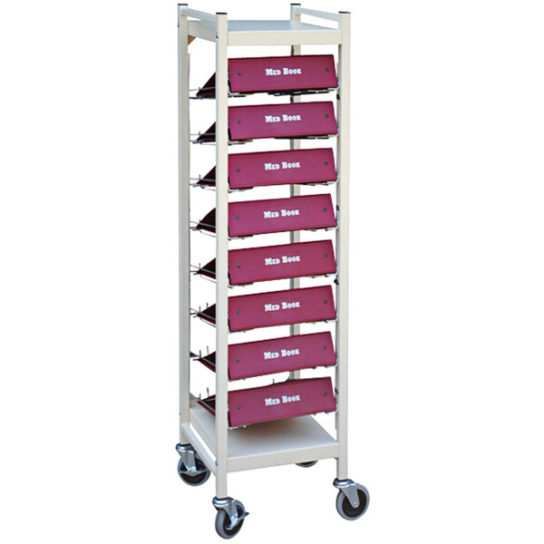 A beige metal cart with open storage shelves.