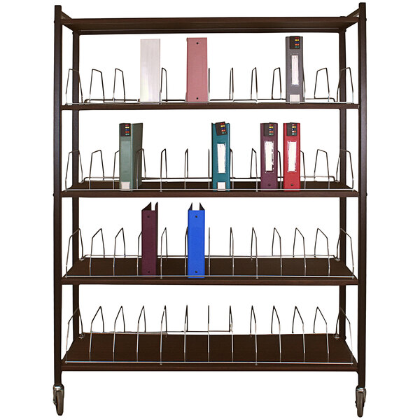 An Omnimed woodgrain cart with open shelves holding binders.