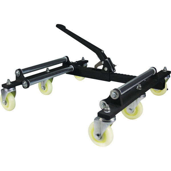 A black and silver Trailer Valet Wheel Dolly with white wheels.