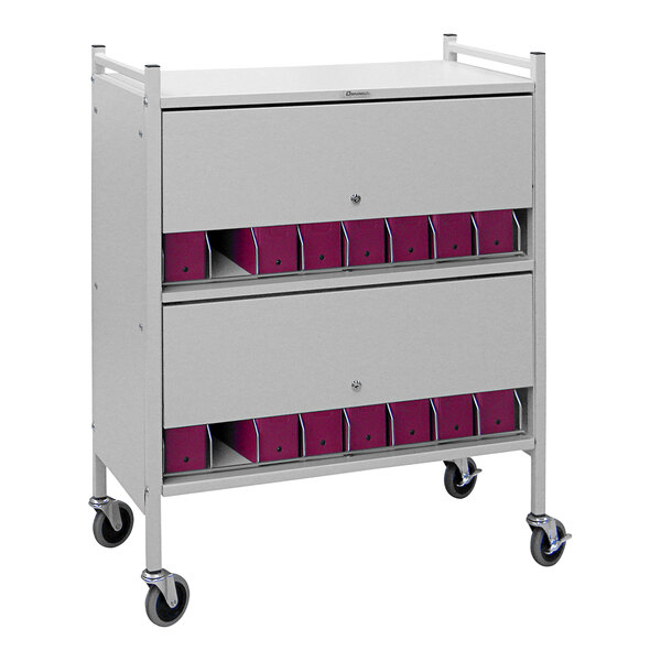 A light gray metal cart with white and purple boxes on it.