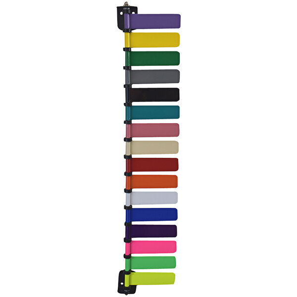 A white Omnimed rack with 16 colorful flags.