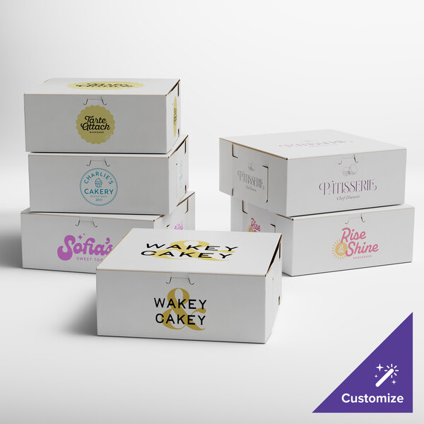 A group of white boxes with different designs including black, yellow, pink, and purple text.