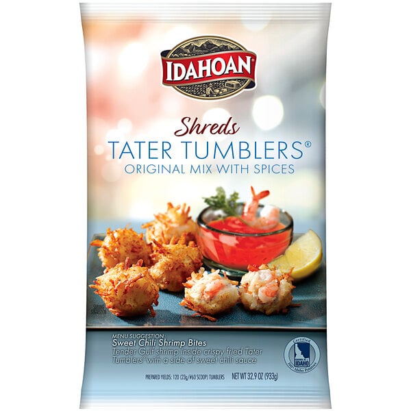 A bag of Idahoan Shreds Tater Tumblers mix on a white background.