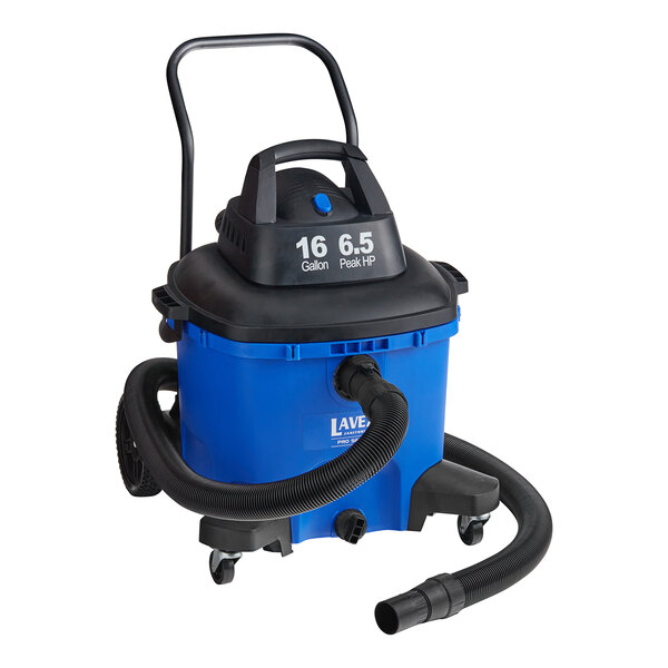 A blue and black Lavex Pro wet vacuum with a hose.