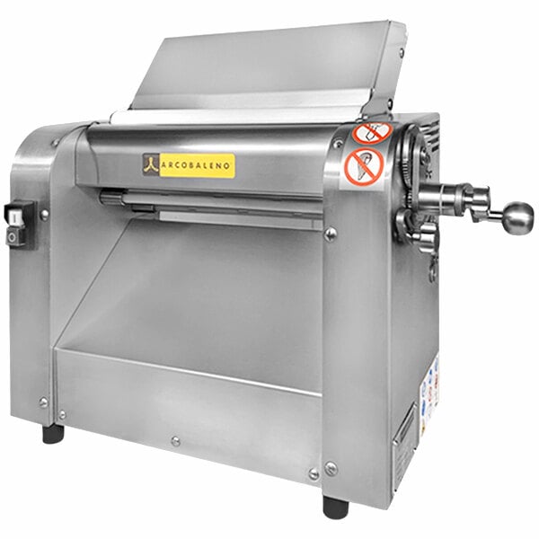 An Arcobaleno countertop dough sheeter with a handle.