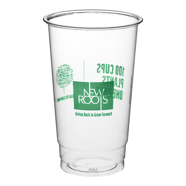 A white New Roots compostable plastic cup with green text.