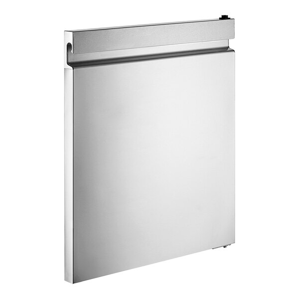 A stainless steel rectangular refrigerator door with a black handle.