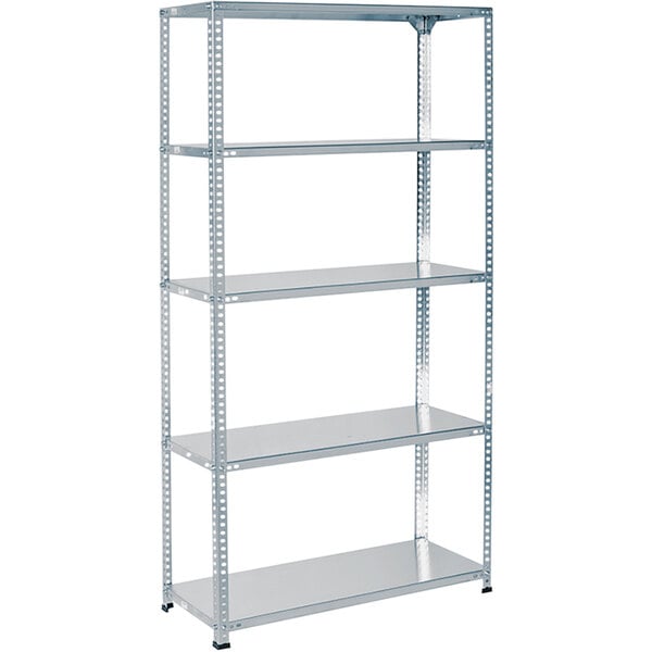 An AR Shelving galvanized metal bolted shelving unit with five shelves.