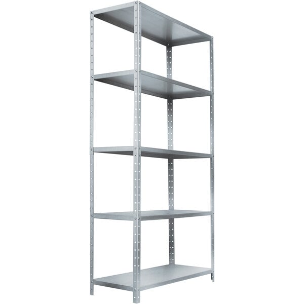An AR Shelving galvanized metal bolted shelving unit with five shelves.