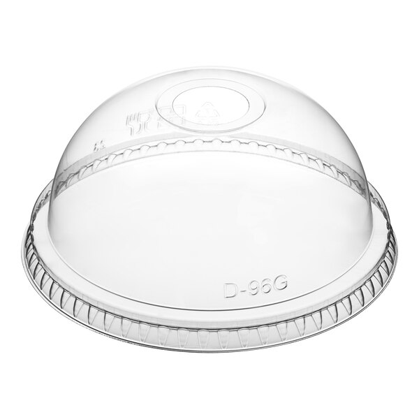 A clear plastic dome lid with an opening over a New Roots clear plastic cup.