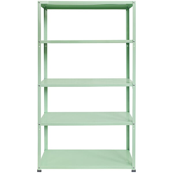 A light green metal AR Shelving unit with five shelves.