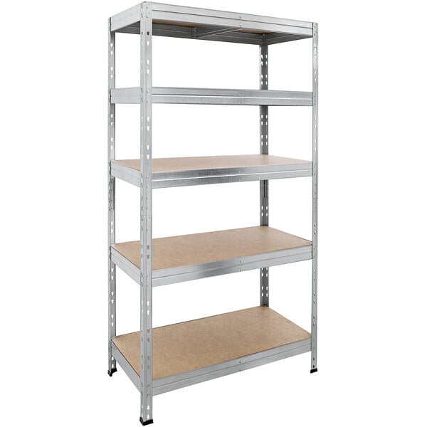 An AR Shelving galvanized metal boltless shelving unit with fiberboard shelves.