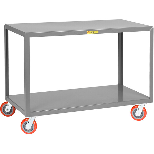 A grey metal Little Giant steel table cart with orange wheels.