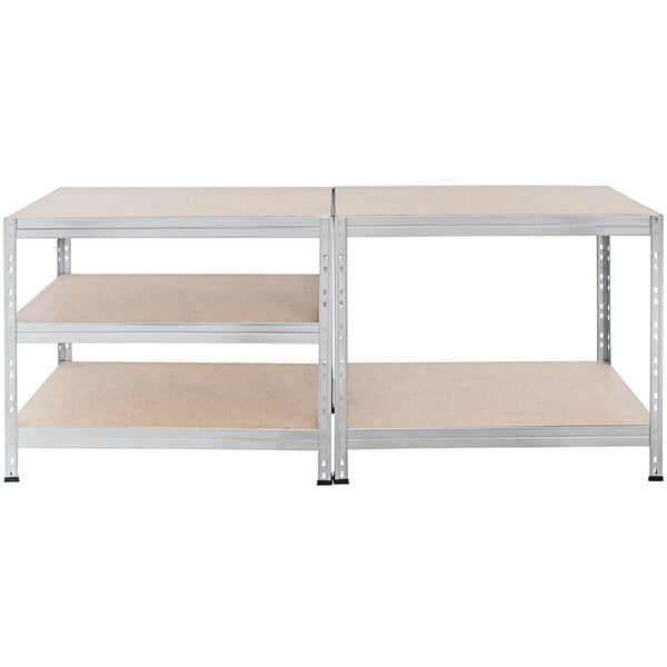 An AR Shelving boltless metal shelving unit with two shelves on each side.
