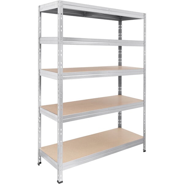 An AR Shelving boltless metal shelving unit with fiberboard shelves.