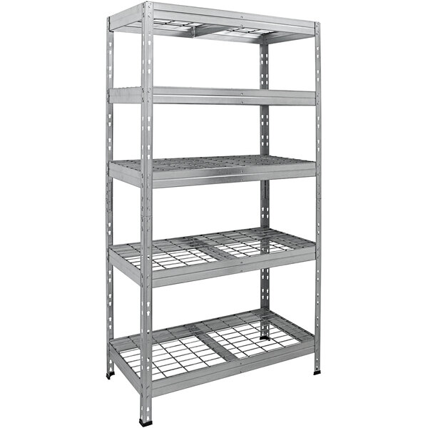 An AR Shelving galvanized boltless wire shelving unit with five shelves.