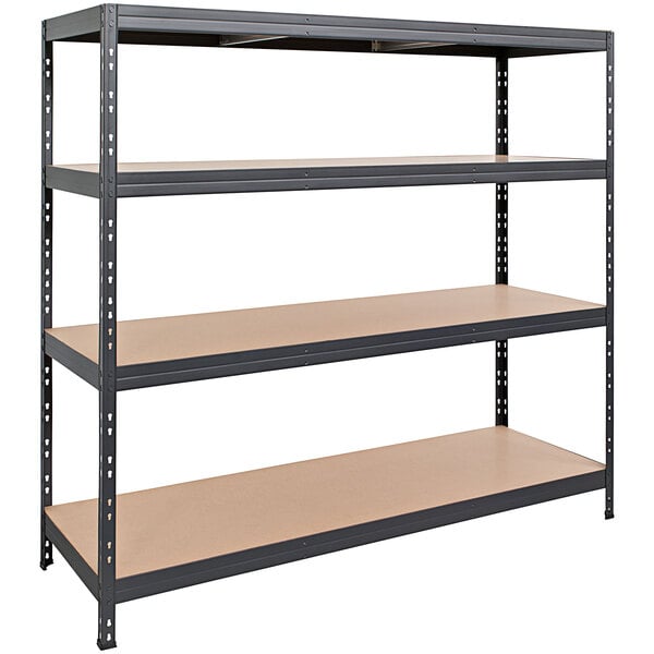 An AR Shelving boltless metal shelving unit with four fiberboard shelves.