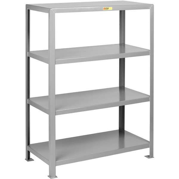 A grey Little Giant boltless steel shelving unit with shelves.