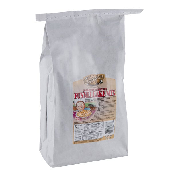 A white bag of Golden Barrel Funnel Cake Mix.