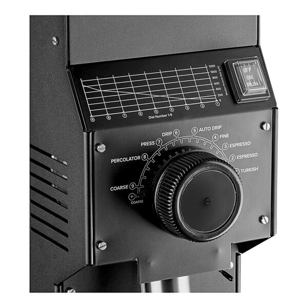 An Avantco bulk coffee grinder with a black dial on a white machine.