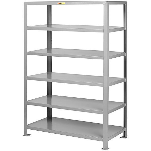 A grey Little Giant heavy-duty steel shelving unit with six shelves.