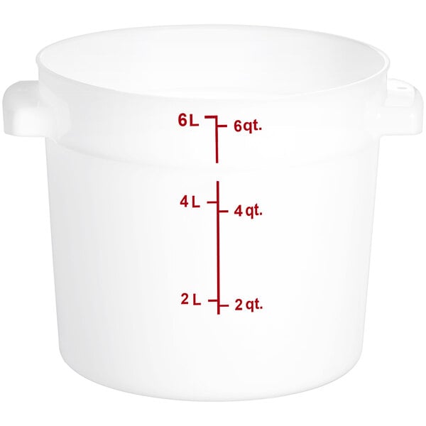 A white plastic Carlisle food storage container with red lettering.