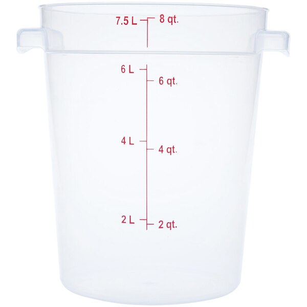 A clear plastic Carlisle food storage container with red measurements.