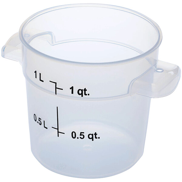 A Carlisle clear plastic food storage container with measurements.