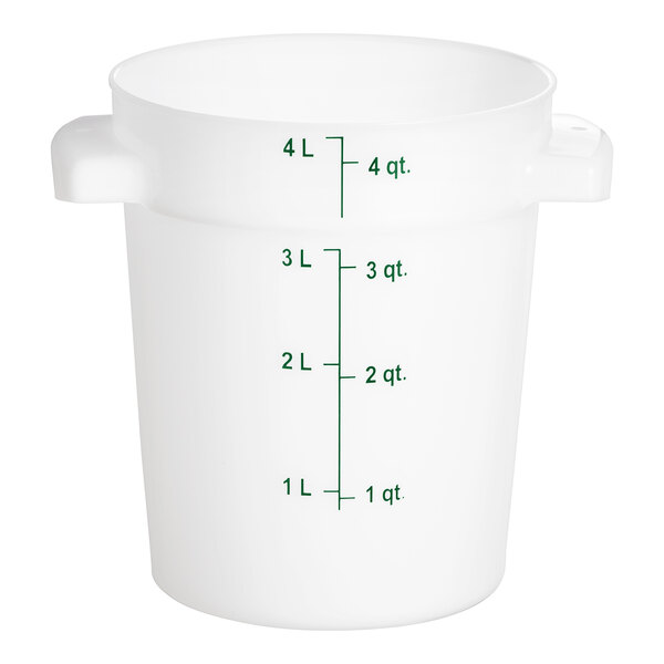 A white round Carlisle polyethylene food storage container with measurements in green.
