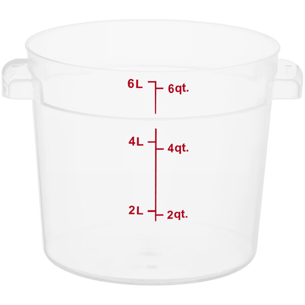 A clear plastic Carlisle food storage container with red writing.