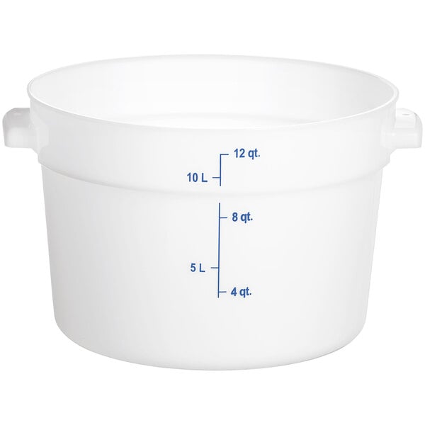 A white plastic Carlisle food storage container with blue writing.