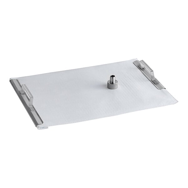 A white metal screen assembly with a screw on top on a white background.