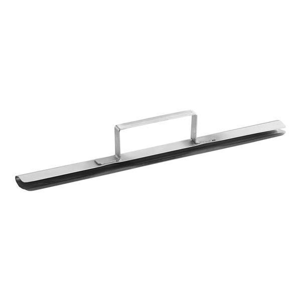 A stainless steel clip with a black metal handle.