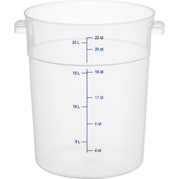 A clear plastic Carlisle food storage container with blue measurements.