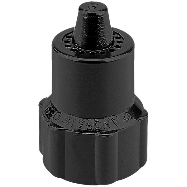 A black plastic threaded cap with a round top.